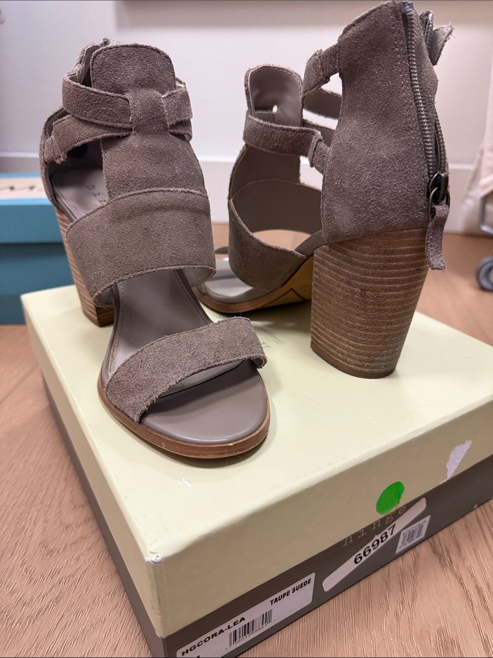 Hinge Suede Block Heel in Taupe